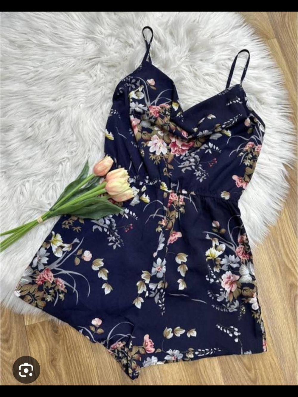SHEIN Navy Floral Cami Romper with Pink & Cream Flowers